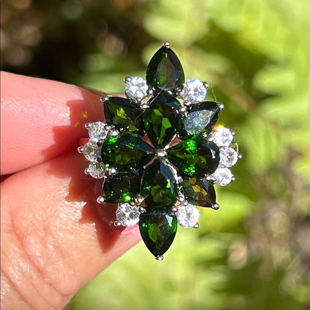 Sterling Silver Vibrant Green Chrome Diopside Floral Ring Size 10